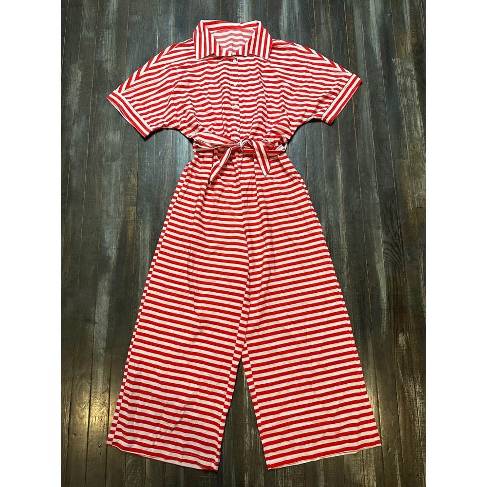 SHEIN Red White Striped Wide Leg Jumpsuit Short Sleeve Tie Waist Button Front